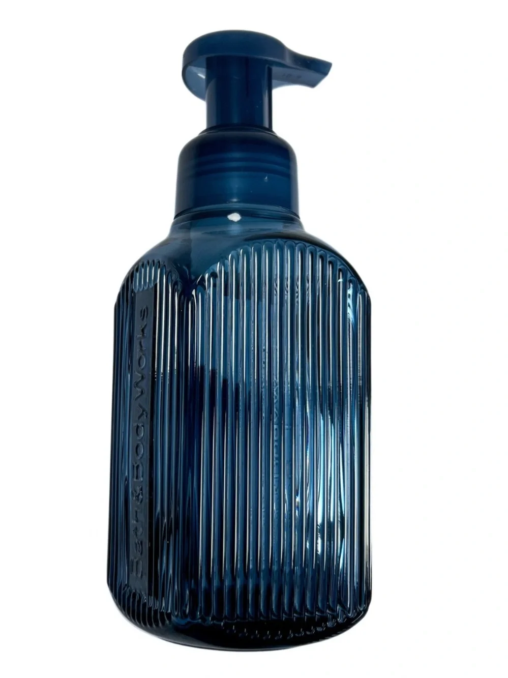 Bath & Body Works Blue Ribbed Glass Foaming Hand Soap Dispenser 10 oz NEW
